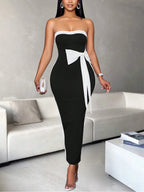 Ladies Fashion Elegant Color Block Knot Design One Shoulder Dress Stylish Graceful Versatile Butterfly Bow Dress for Women