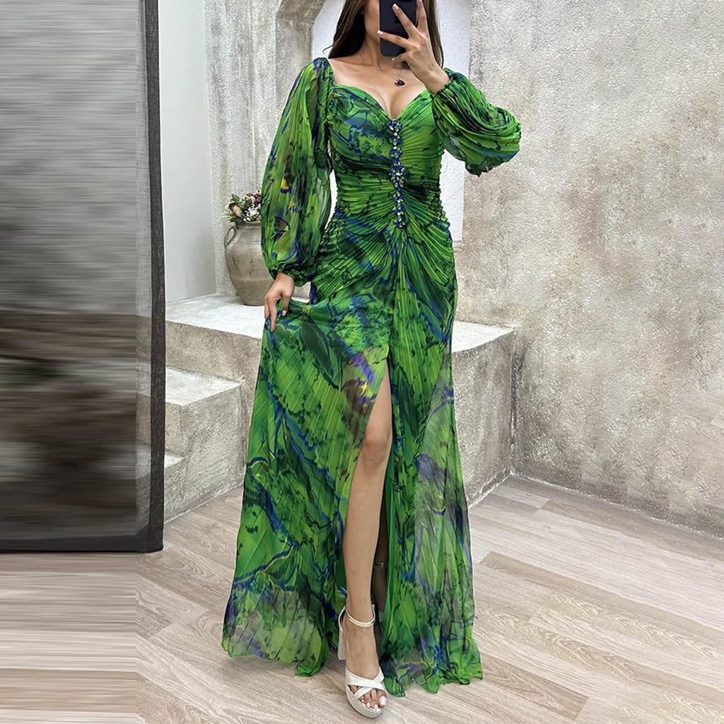 Ladies Gathering Long Sleeved Dress Pleated Slim Evening Party Dress For Women Chic Gala Graduation Dresses Vestidos Para Mujer