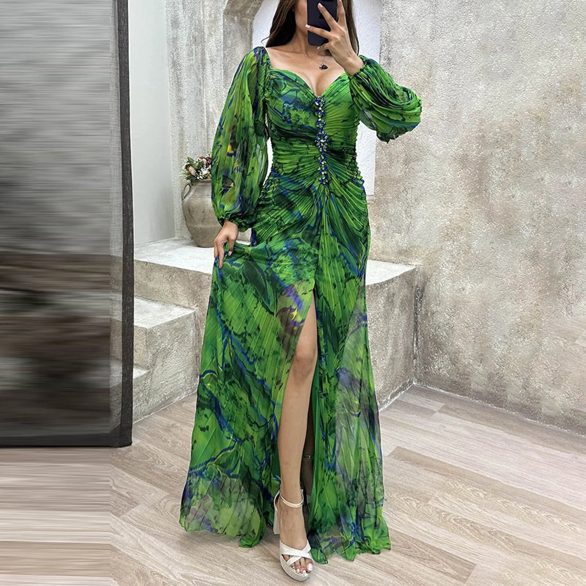 Ladies Gathering Long Sleeved Dress Pleated Slim Evening Party Dress For Women Chic Gala Graduation Dresses Vestidos Para Mujer