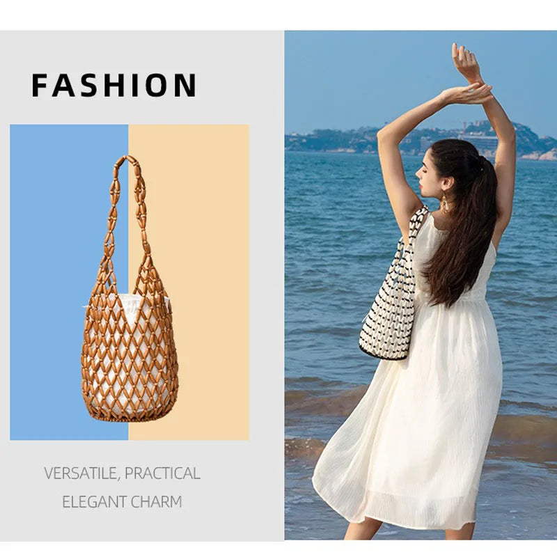 Women Woven Hand Bag Exquisite Design Hollow-out Wooden Bead Tote Bucket Shoulder Bag Female Handmade Beaded Handbag