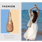 Women Woven Hand Bag Exquisite Design Hollow-out Wooden Bead Tote Bucket Shoulder Bag Female Handmade Beaded Handbag