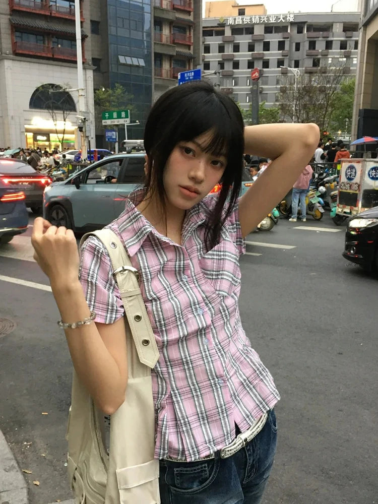 Tonngirls American Retro Plaid Shirt Women Short Sleeve Slim Shirt And Blouse Streetwear Y2k Vintage Tops Japanese 2000s Tshirts