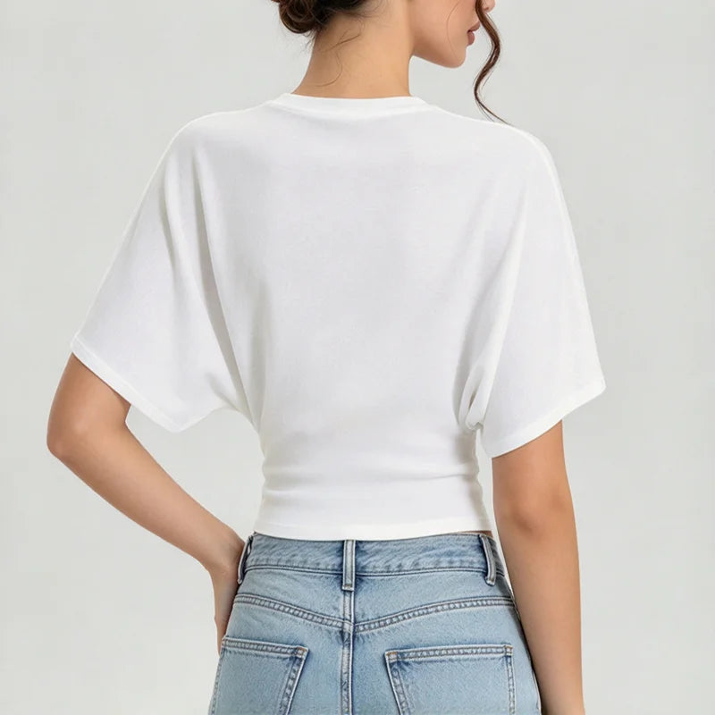 Women Round Neck Batwing Short Sleeve T-shirt Solid Color Slim Waist Casual Daily Basic Tee Stretchy Soft Comfort Knit Lady Tops