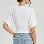 Women Round Neck Batwing Short Sleeve T-shirt Solid Color Slim Waist Casual Daily Basic Tee Stretchy Soft Comfort Knit Lady Tops