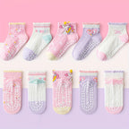 5 Pairs of Kidsren's Floor Socks with Lace Glue, Heart Unicorn Pattern, Boys and Girls, Baby Toddler Soft-Soled Shoes, Indoor Non-Slip Rainbow Pony Mid-Calf Socks, Suitable for Casual Daily Life