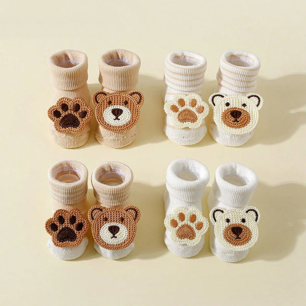 4 Pairs Baby Cute Cartoon Bear Socks, Baby Non-Slip Soft Cotton Socks Ankle Socks for 0-12 Month Newborn Toddler Boys and Girls