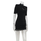 Lace Patchwork Hollow Out Bodycon Sheath High Collar Women Dresses Half Sleeves Outfits Sexy Club Fashion Female Mini Vestidos