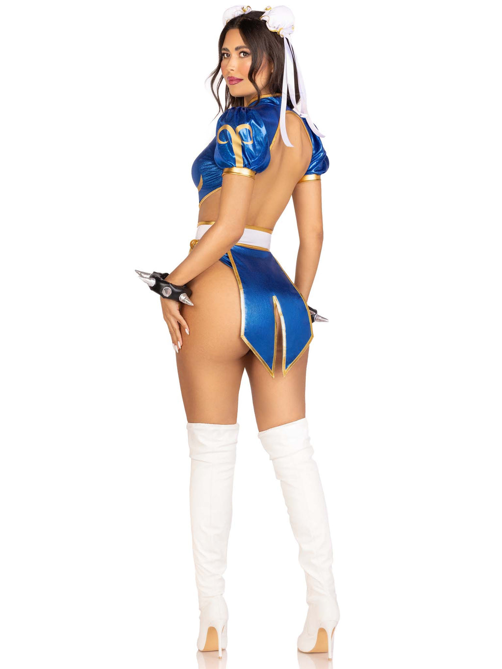 4 PC Battle Chun-Li, includes cut out shimmer bodysuit with padded top and tie side cheeky bottoms, skirted belt, spiked wrist c