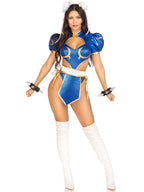 4 PC Battle Chun-Li, includes cut out shimmer bodysuit with padded top and tie side cheeky bottoms, skirted belt, spiked wrist c