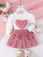 2PCS  Autumn New Style For Girls 1-3 Years Old, Comfortable And Sweet Bubble Sleeve Love Badge Top + Short Skirt Set