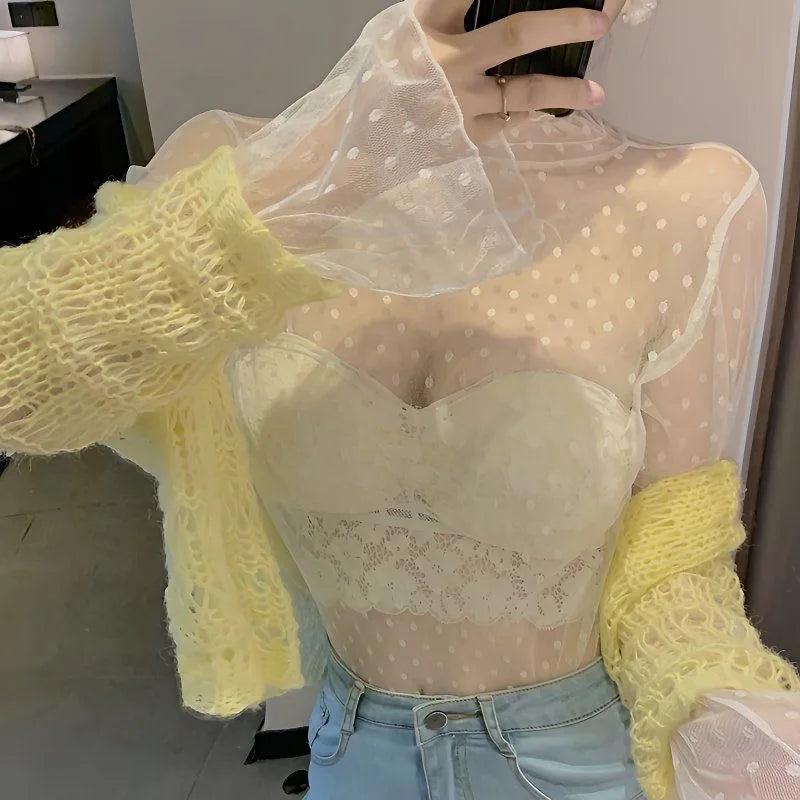 Sexy Women Mesh T-Shirts Transparent Lace Blouse Long Sleeve See Through Tops For Women O Neck Sheer Tees Body Crop Top