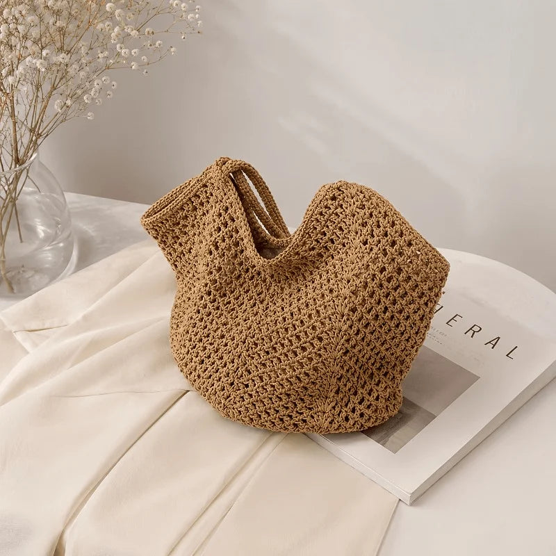 Women Large‑Capacity Woven Tote Bag, Light Breathable Open‑Top Shoulder Handbag for Beach Travel Shopping Commute Daily Use