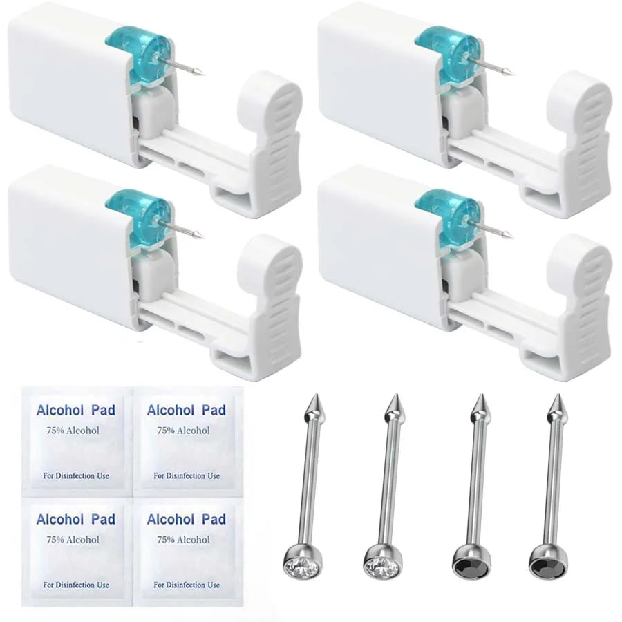4PCS Self Hypoallergenic Nose Piercing Kit-Disposable Nose Piercing Gun with Built-in Nose Studs