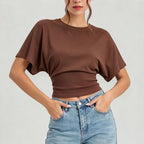 Women Round Neck Batwing Short Sleeve T-shirt Solid Color Slim Waist Casual Daily Basic Tee Stretchy Soft Comfort Knit Lady Tops