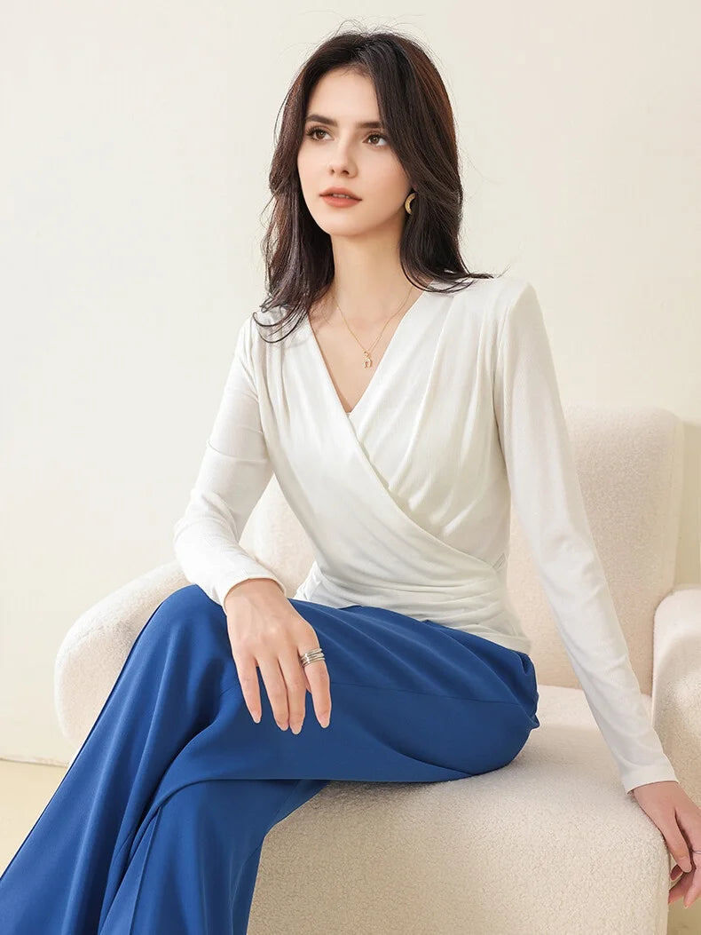 SuyaDream Women's Silk Blend T-Shirt, Wrapped V Neck, Long Sleeved, Ribs Knitted Basic Tee, Monochromatic, 2023 Fall, Winter