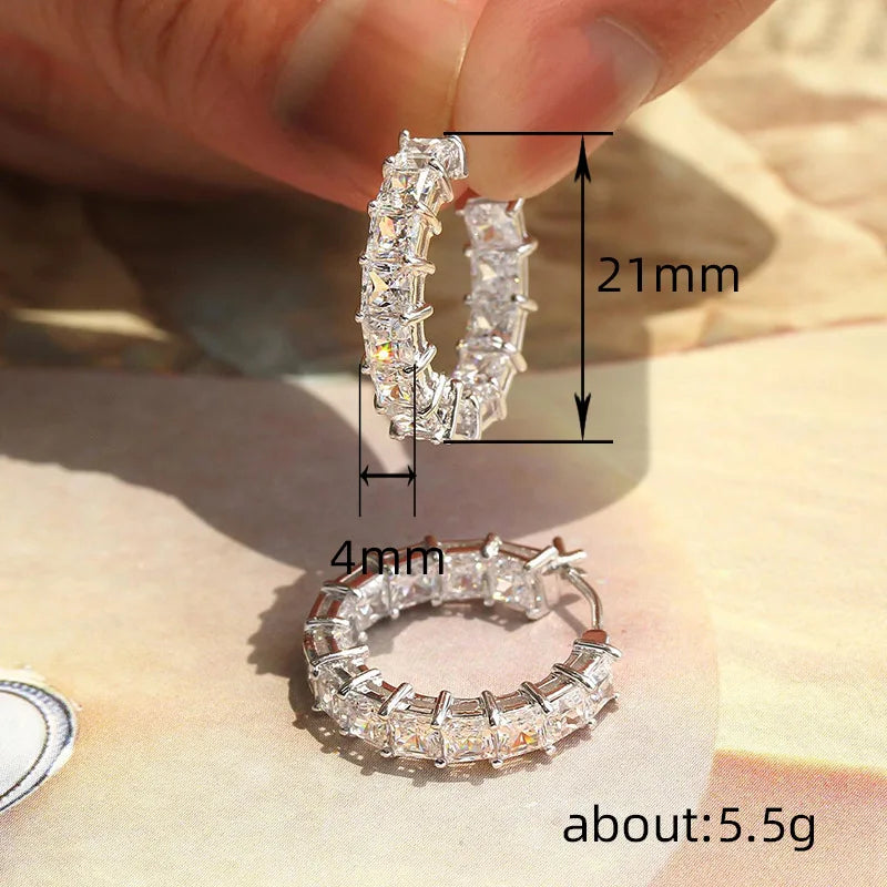 Huitan New Trendy Women Hoop Earrings Full Pave Princess Square Cubic Zirconia Fashion Contracted Female Circle Earrings Jewelry