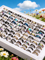 5/10/20/30/50/100/200pcs Stainless Steel Chain Rings, Mixed Punk Hip-Hop Rhinestone Inlaid Couple Rings, Finger Jewelry