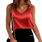 Women Satin Silk Lace Summer Tank Tops Camis Vest Blouse Casual Lady V-Neck Sleeveless Straps Vest Shirt Solid Pullover Tops