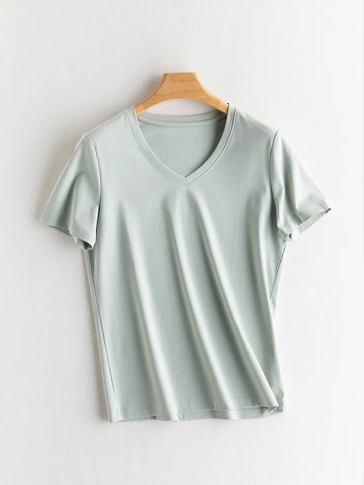 SuyaDream Women Solid T Shirts, Silk Cotton Blend, O Neck, Short Sleeved Solid Tee, 2025 Summer Candy Colors Basic Cozy Top Gree