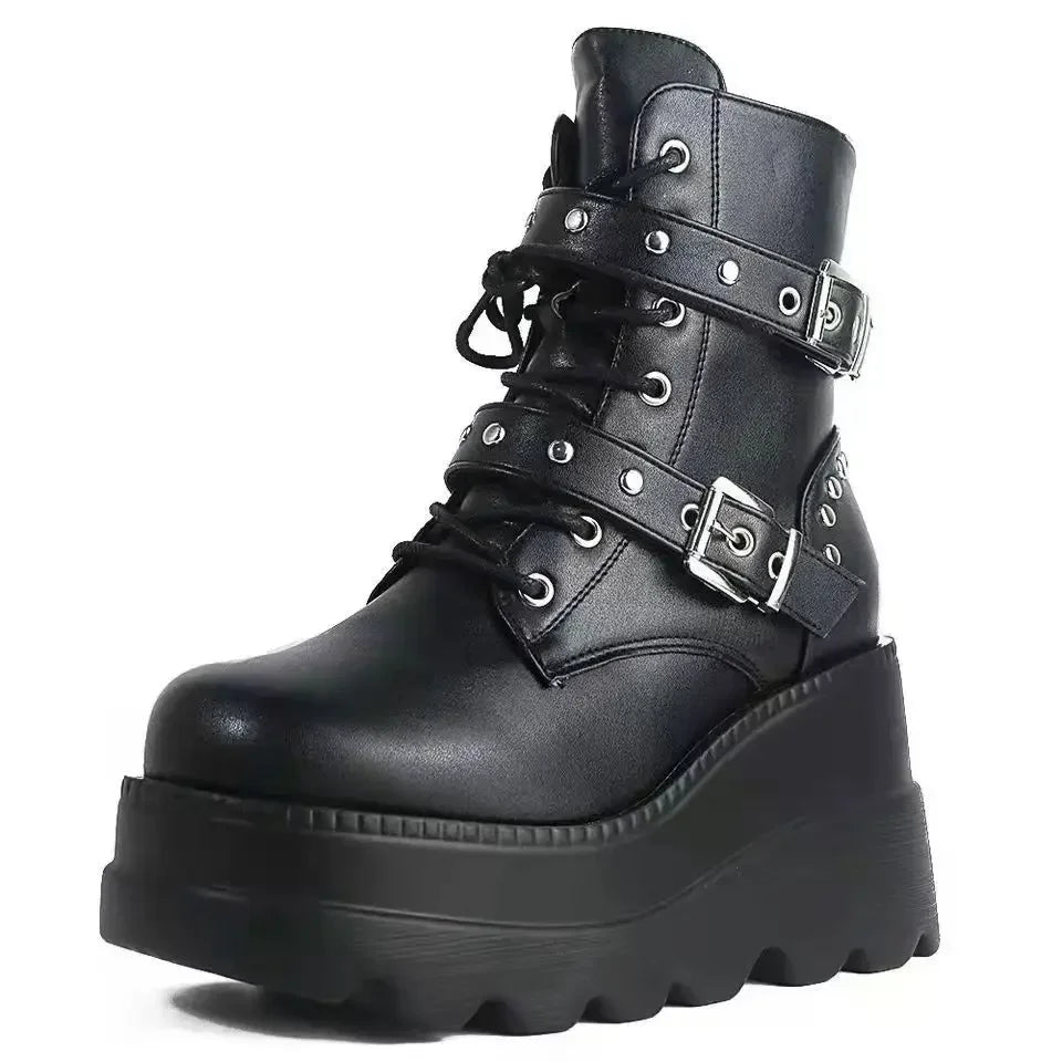 New Women Pu Leather Ankle Booties Woman Autumn Winter Round Toe Lace Up Shoes Woman Motorcycle Platform Gothic Boots Cosplay