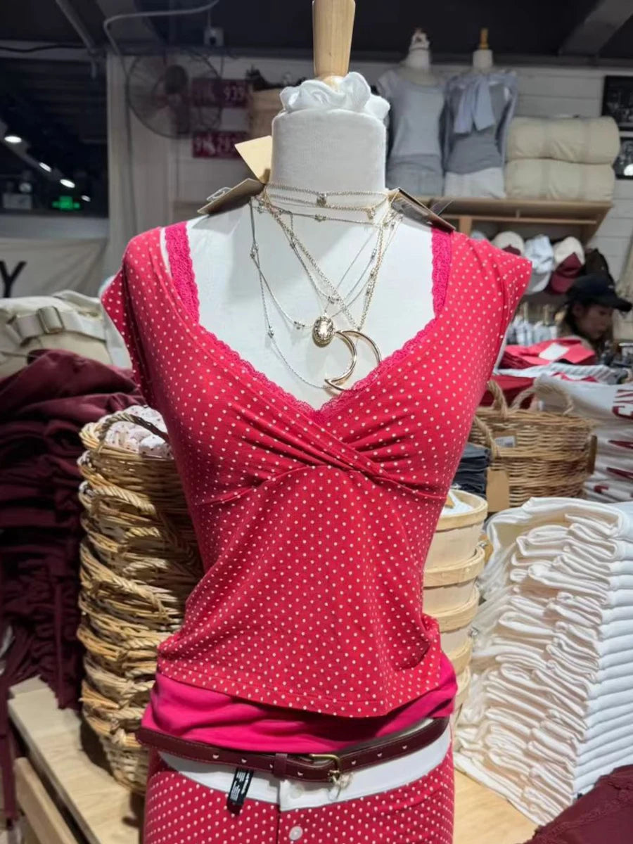 New Rose Red Slim Crop Top Woman Sexy V-neck Short Sleeve Cotton Cropped T-shirt Solid Casual Simple Sweet All-match Tee Tops
