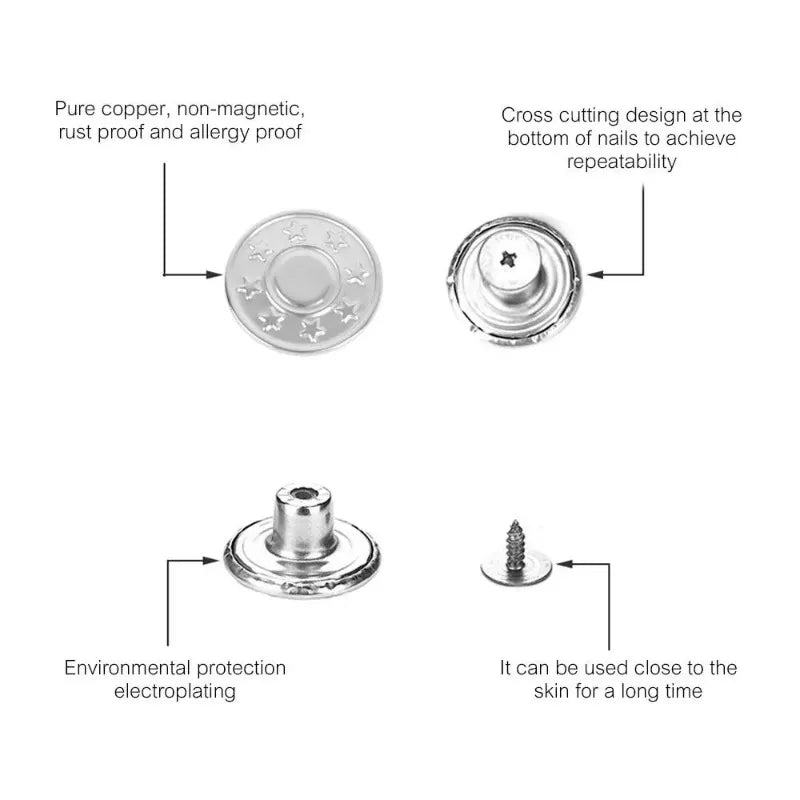 10Pcs/pack Jeans Buttons With Screwdriver Clothing Pants Sewing Accessories Waist Buckle 17mm Nail Free Waist Extenders Button