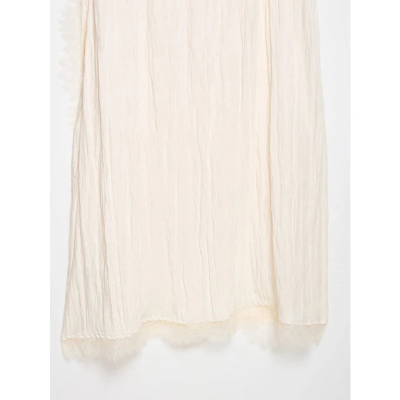YENKYE Romantic Crinkled Wrap Slip Dress Women Self Tie Waist Lace Trim Irregular Hem Beach Vacation Midi Dresses Female Vestido