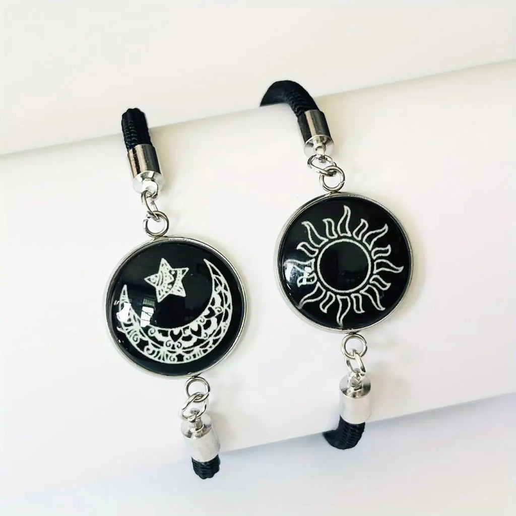 2pcs/set Sun and Moon Lovers Leather Bracelet Punk Multi-Layered Beaded Braided Adjustable Bracelet Set For Couple Jewelry