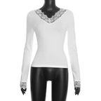 Tornova V neck Lace T shirt Top Women Sexy Navel Exposed Pullover Fashion Splice Hot Girl Club Party Top Autumn New Lady T shirt