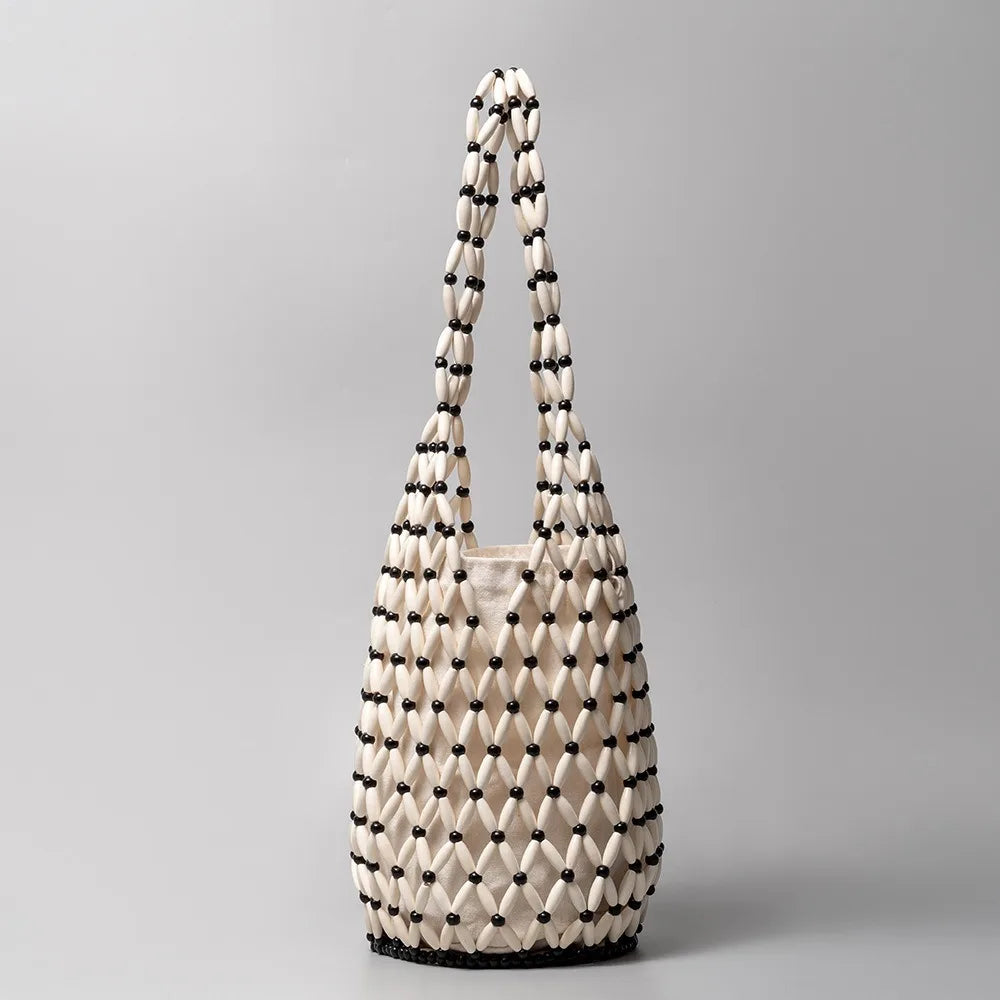 Women Woven Hand Bag Exquisite Design Hollow-out Wooden Bead Tote Bucket Shoulder Bag Female Handmade Beaded Handbag