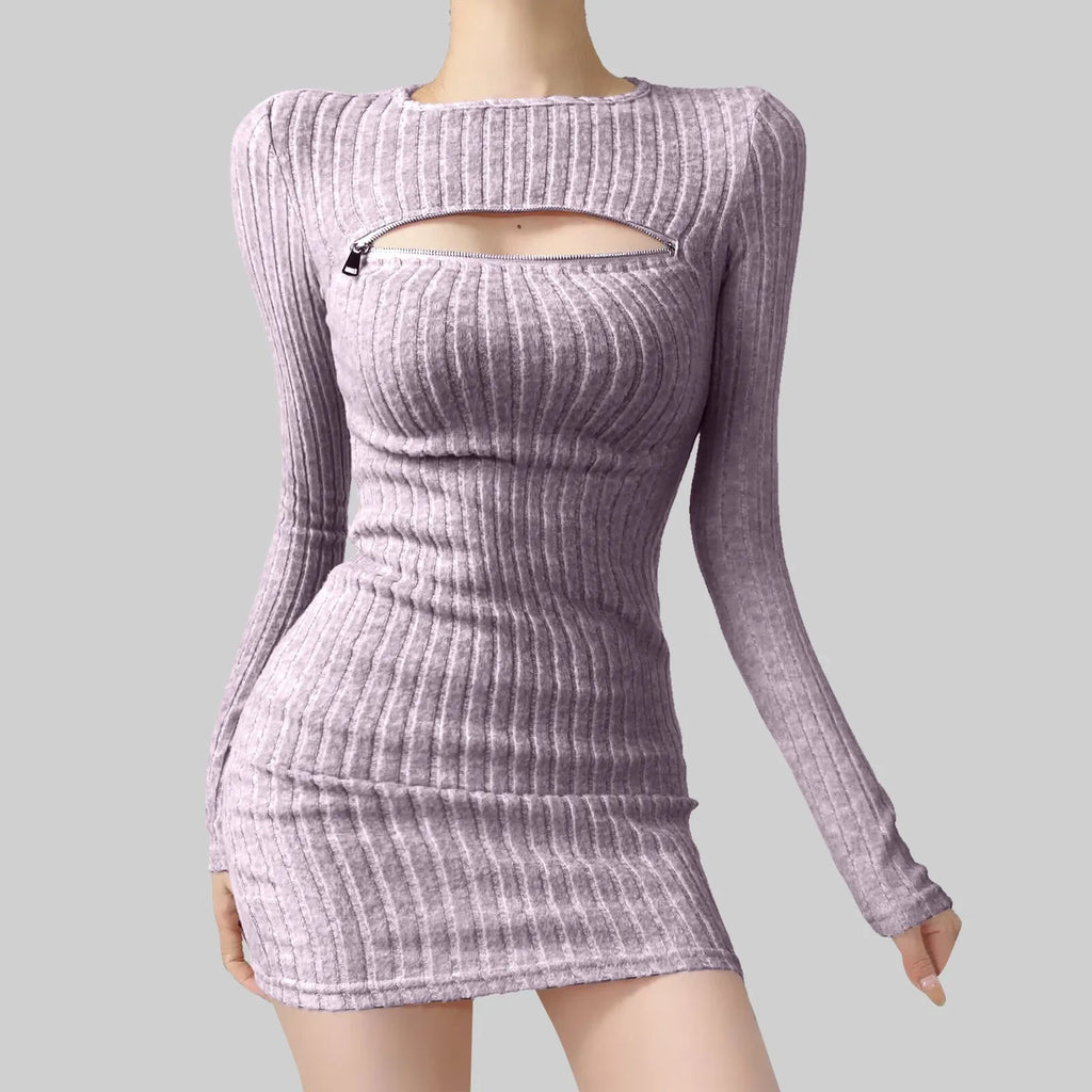 Women Bodycon Sweater Dress Y2k Korean Sexy Hollow Out Zip Up Short Dress Harajuku Female Ruched Long Sleeve Casual Vestidos