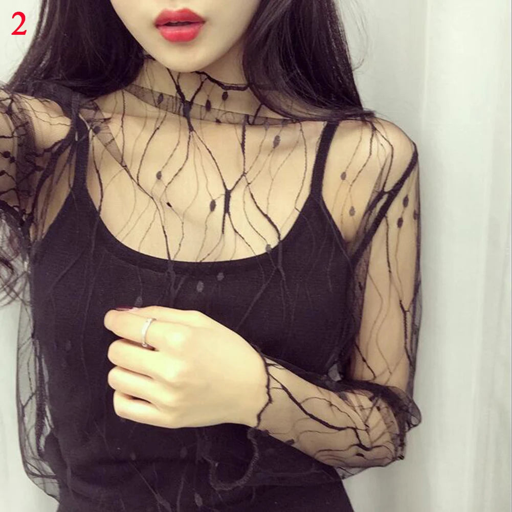 2026  Autumn Hollow Out Mesh T-Shirt Daisy Flower Pattern Crop Top sexy Transparent Long Sleeves Basic Tops For Women Lace Tops