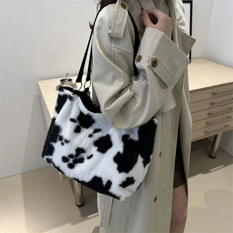 Large Capacity Shopper Bags For Women Winter Travel Tote Bag Cow Printing Plush Shoulder Bag Ladies Handbag Designer Bolsos