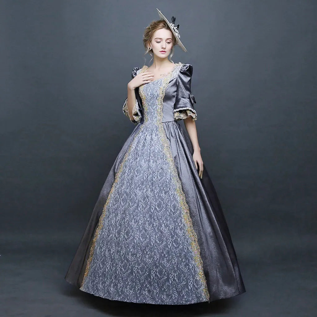 Palace Princess Queen Elegant Ball Party Formal Maxi Dress Medieval Lace Square Neck Medieval Renaissance Victorian Vestidos