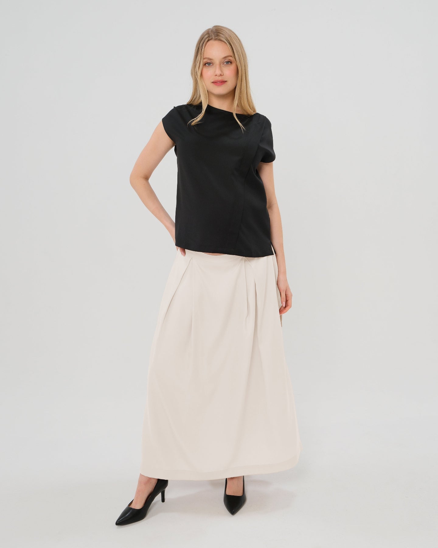 Over-Under Bump Pleated Maternity Maxi Skirt in Cream Satin