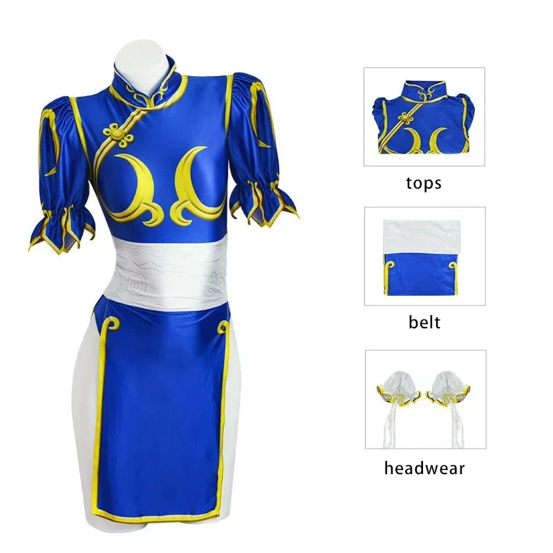Games Chun Li Cosplay Costumes Sutorito Faita Blue Cheongsam Dress Women Sexy Bodysuit Headwear Suit Halloween Carnival Clothing
