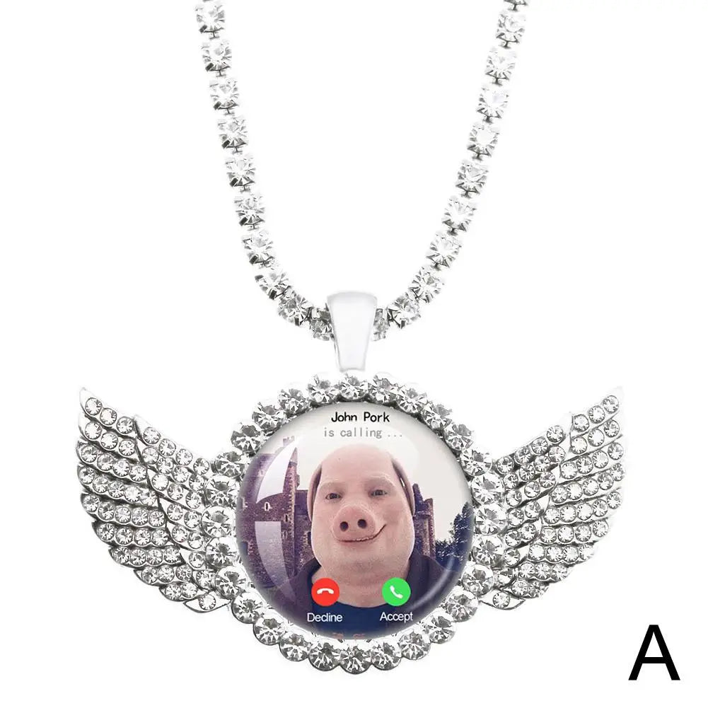 John Pork is Calling Answer Call Phone Humor Funny Pig Lover Graphic The moon Necklace Angel Wings Pendant Necklace Jewelry Gift