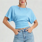 Women Round Neck Batwing Short Sleeve T-shirt Solid Color Slim Waist Casual Daily Basic Tee Stretchy Soft Comfort Knit Lady Tops
