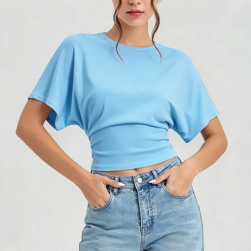 Women Round Neck Batwing Short Sleeve T-shirt Solid Color Slim Waist Casual Daily Basic Tee Stretchy Soft Comfort Knit Lady Tops