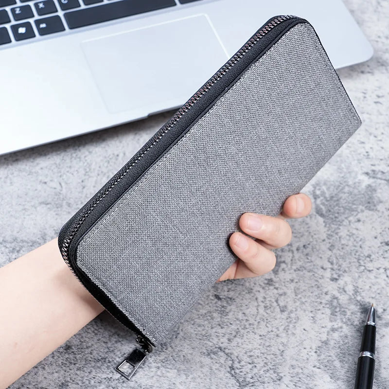 New men's long zipper wallet large capacity multi-card business canvas clutch wallet.