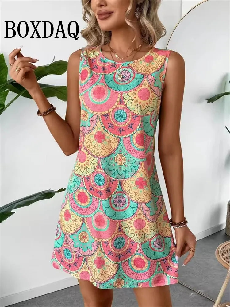 2025 Summer New Floral Sleeveless Sundress Loose Dress Casual Vest Beach Vacation Tank Dress Fashion 3D Print Short A-Line Dress