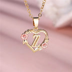 Female A-Z Letter Flower Pendant Necklace Yellow Gold Color Wedding Jewelry Gift For Women