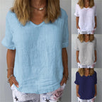 Womens Casual Cotton Linen Blouse Summer V Neck Soft T Shirt Tops Tunic Female Basic Cotton T Shirt C Simple Style Undershirts