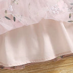 Baby Girl Pink Ribbed Long-Sleeve Bowknot Floral Embroidered Mesh Dress Perfect For Outings And Daily Wear