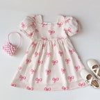 Bear Leader Summer Short Sleeved Girls Casual Dresses Pink Bow Print Square Neck Sweet Princess Dress Daily Simple Kids Clothes