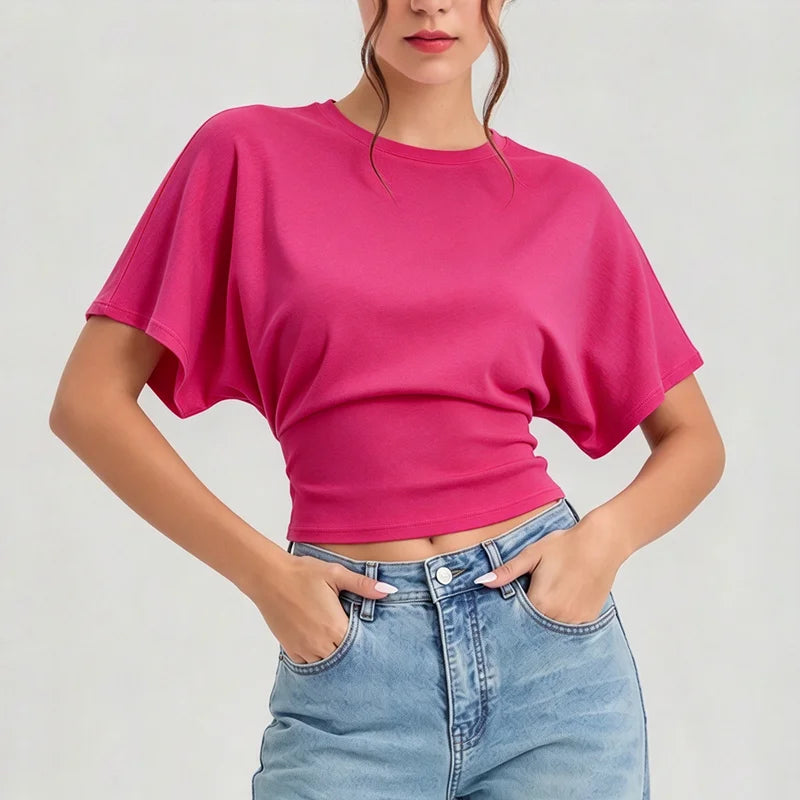Women Round Neck Batwing Short Sleeve T-shirt Solid Color Slim Waist Casual Daily Basic Tee Stretchy Soft Comfort Knit Lady Tops