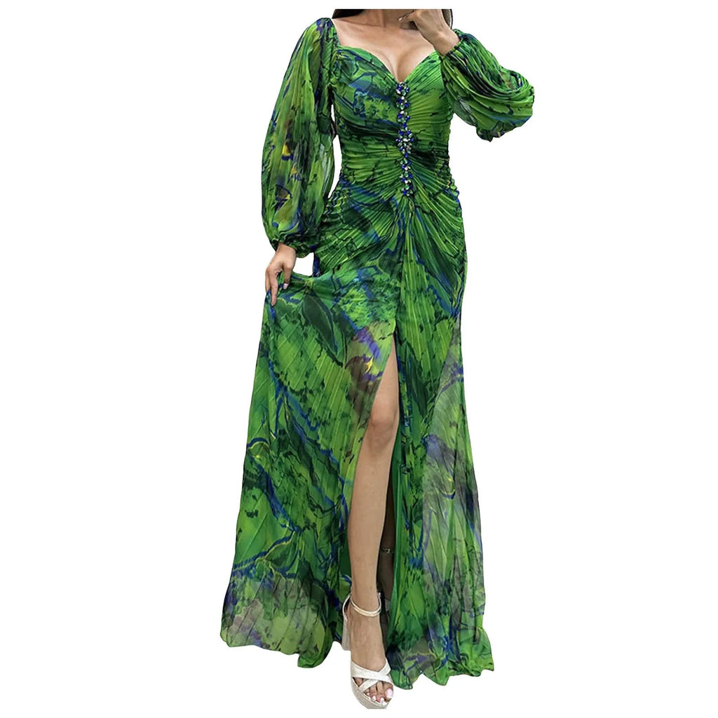 Ladies Gathering Long Sleeved Dress Pleated Slim Evening Party Dress For Women Chic Gala Graduation Dresses Vestidos Para Mujer