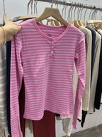 Vintage Striped Slim Long Sleeve T-shirts Autumn Casual Round Neck Streetwear Cotton Tees Women Classic Harajuku Button Tops Y2k