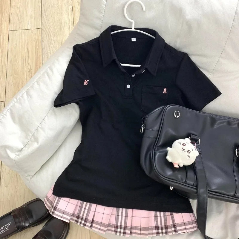 Deeptown Blue Polo Shirts Women Shoujo JK Japanese Preppy Style White T-shirts Short Sleeve Embroidered Tees Basic Pink Tops