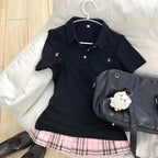 Deeptown Blue Polo Shirts Women Shoujo JK Japanese Preppy Style White T-shirts Short Sleeve Embroidered Tees Basic Pink Tops